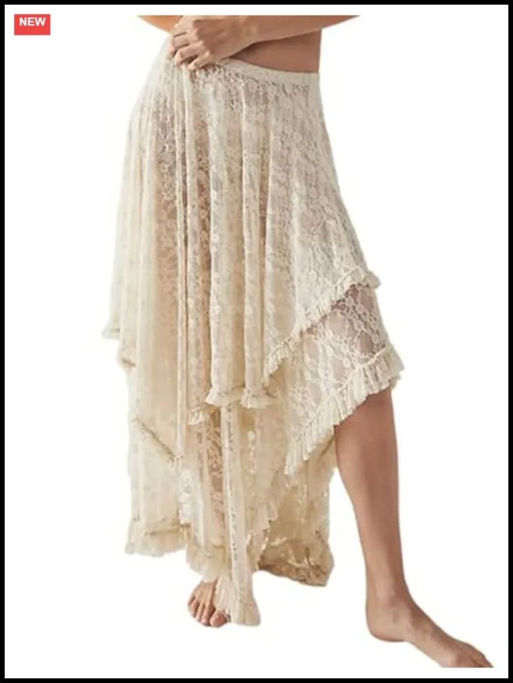 Lace Maxi Skirt Women Asymmetrical Flowy Boho Ruffle Hem Lightweight Sheer
